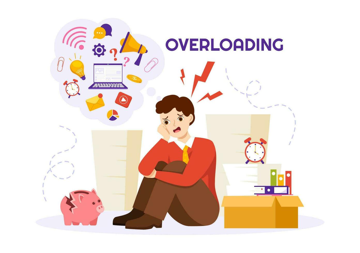 Overloading Vector Illustration with Busy work and Multitasking Employee to Finish Many Documents or Digital Information in Hand Drawn Templates