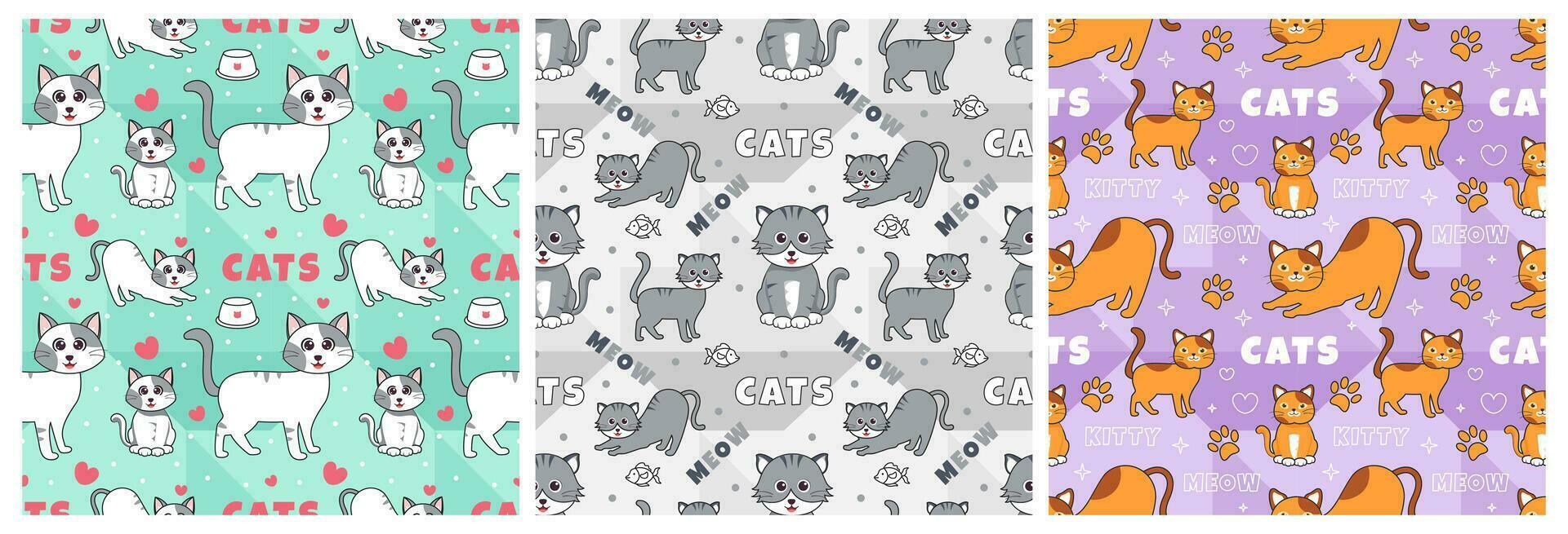 Set of Cats Animals Seamless Pattern Design with Cat Element in Template Hand Drawn Cartoon Flat Illustration vector