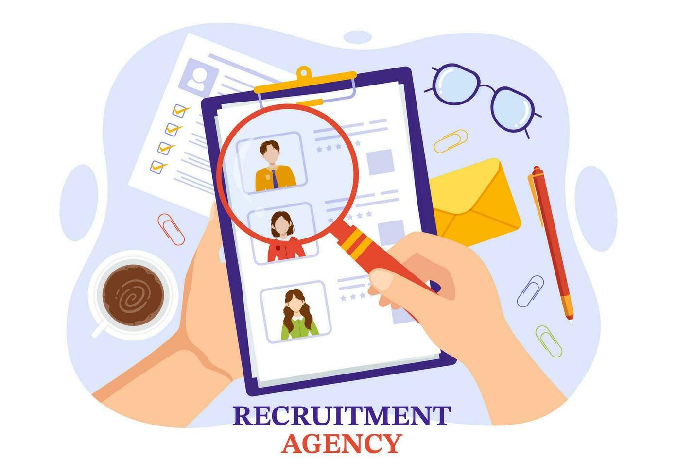 Recruitment Agency Vector Illustration with Managers Searching Candidate for Job Position in Flat Cartoon Hand Drawn Background Templates