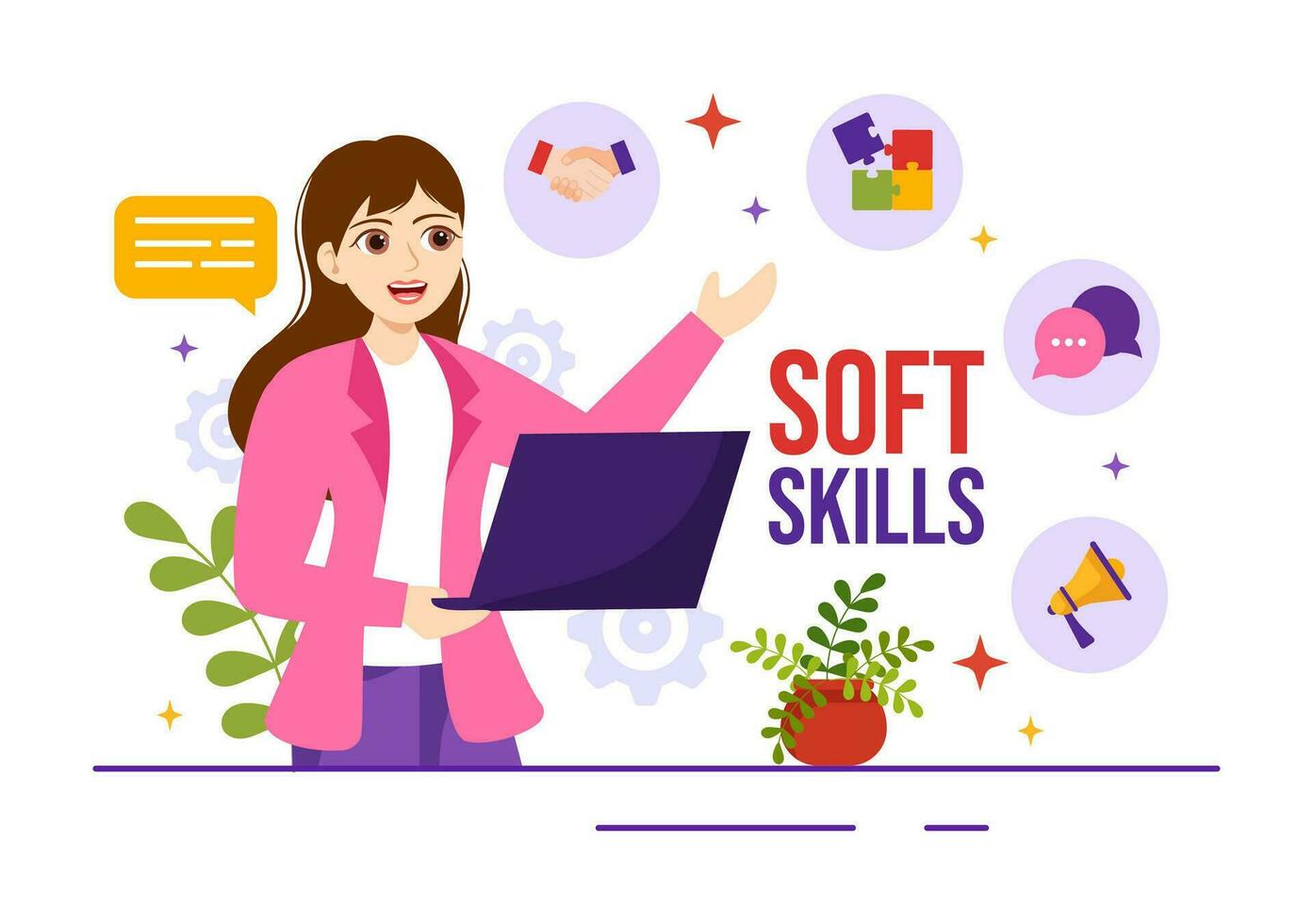 Soft Skills Vector Illustration of Office Workers Empathy, Communication, Idea Development, Skill and Education at Work in Flat Background Template