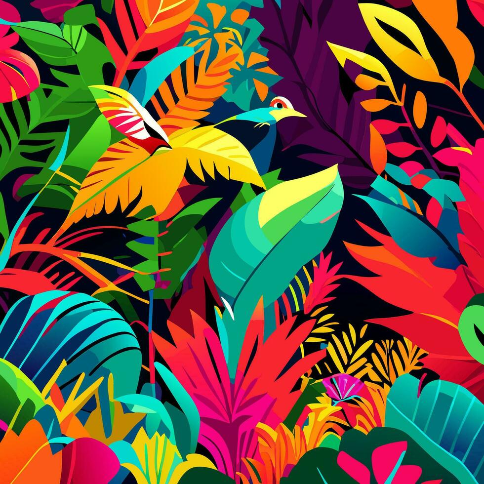 Floral background. Tropical flowers and bird. Vector illustration