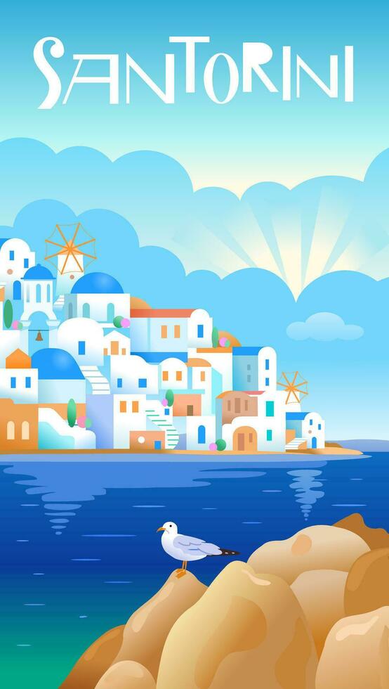 santorini isla, Grecia. hermosa tradicional blanco arquitectura y azul abovedado griego ortodoxo iglesias terminado el caldera. vertical formato. vector ilustración