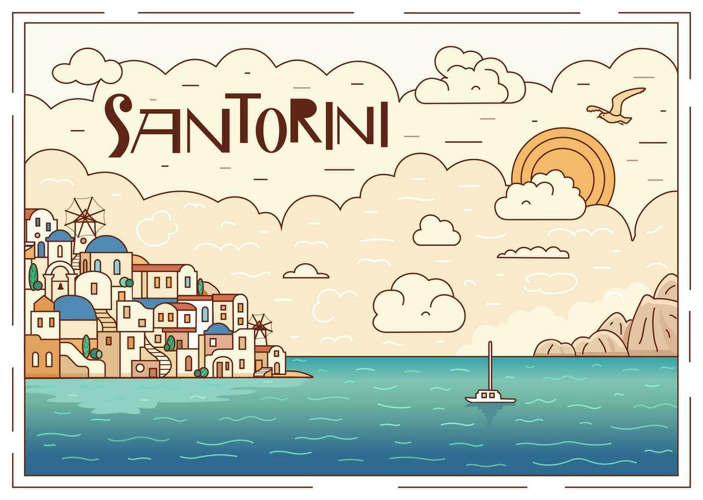 santorini isla, Grecia. hermosa tradicional blanco arquitectura y azul abovedado griego ortodoxo iglesias terminado el caldera. amplio formato. vector ilustración en garabatear estilo.