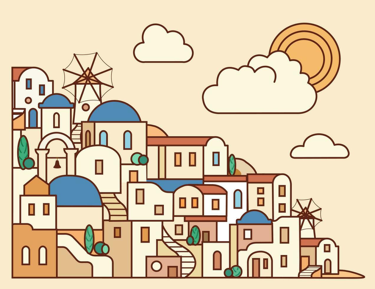 Santorini island, Greece. Beautiful traditional white architecture and blue domed Greek Orthodox churches over the caldera. Vector flat illustration in doodle style.