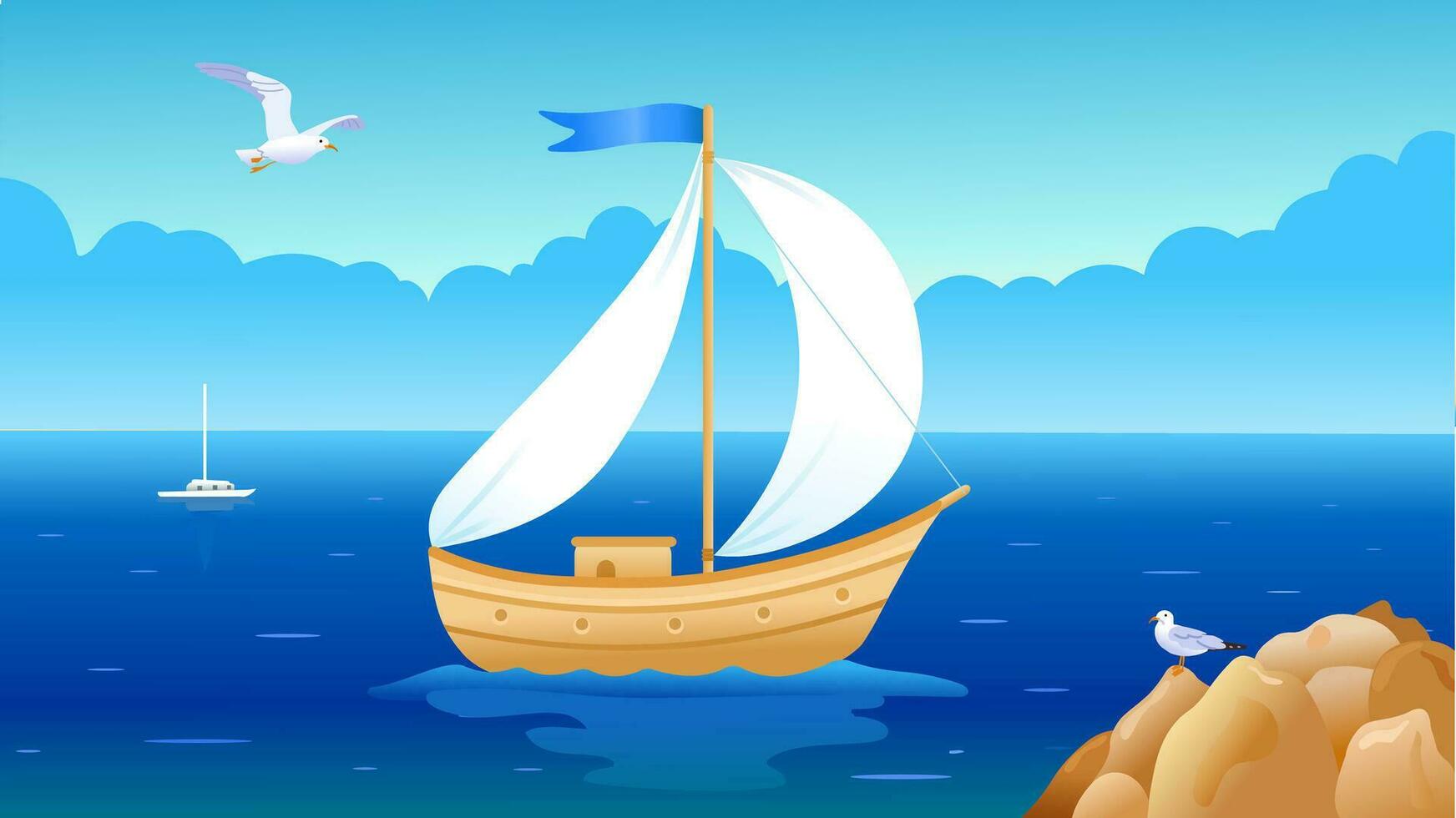 A boat with a white sail floats on the sea. Vector illustration in wide format