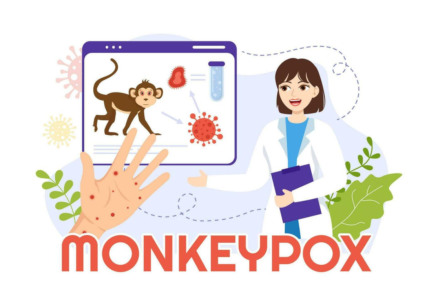 Monkey Pox Outbreak Vector Illustration of Virus Symptoms in Humans Monkeypox Microbiological in Flat Cartoon Hand Drawn Templates