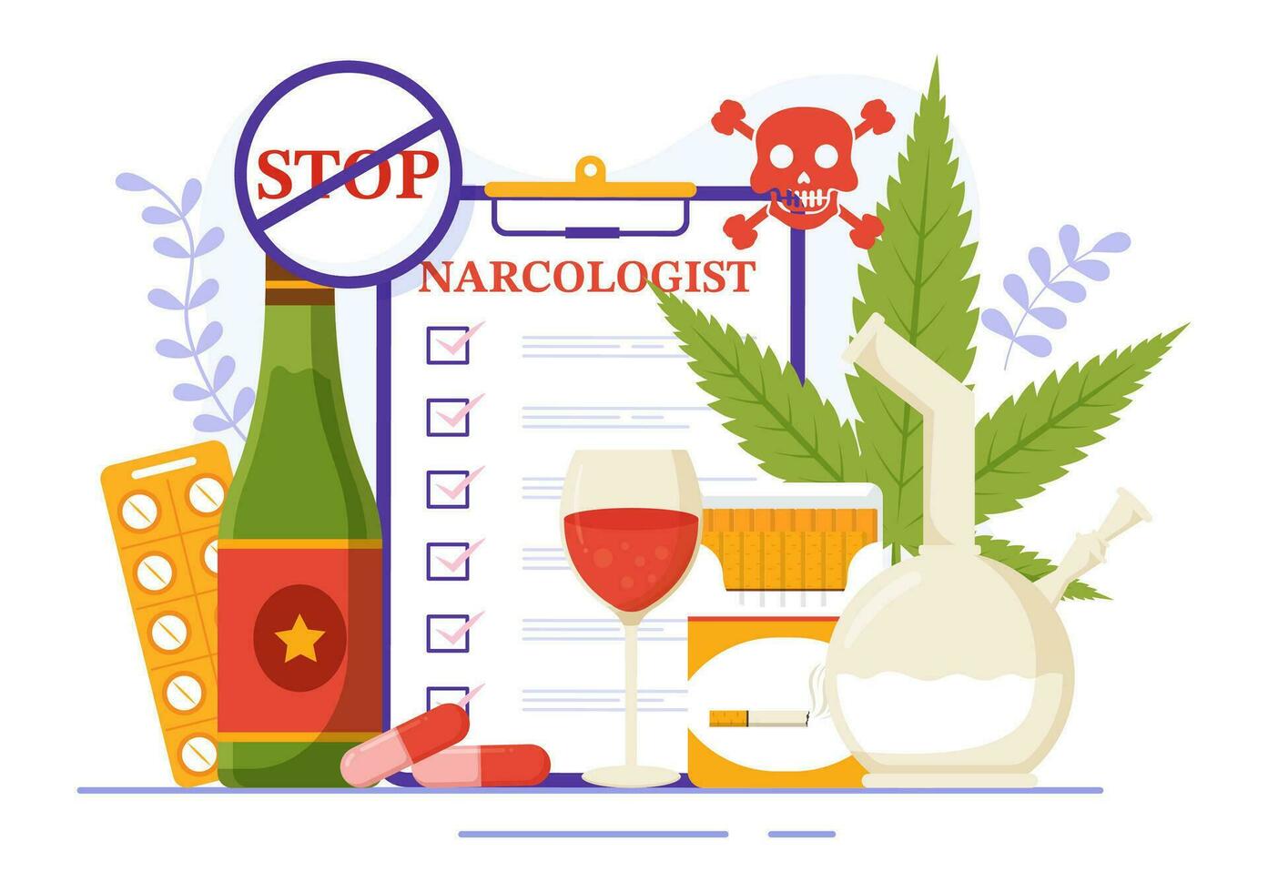 Narcologist Vector Illustration for Drug Addiction Awareness, Alcohol and Tobacco in Healthcare Flat Cartoon Hand Drawn Background Templates