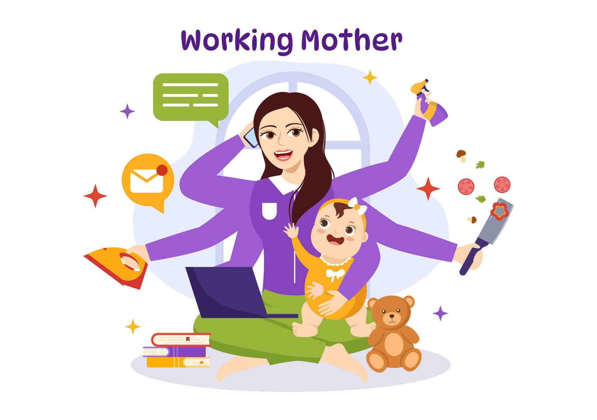 Working Mother Vector Illustration With Mothers Who Does Work And Takes Working Mother Illustration With Mothers Who Does Work And Takes Care Of Her Kids At The Home In Multitasking Cartoon Hand Drawn Templates Vector