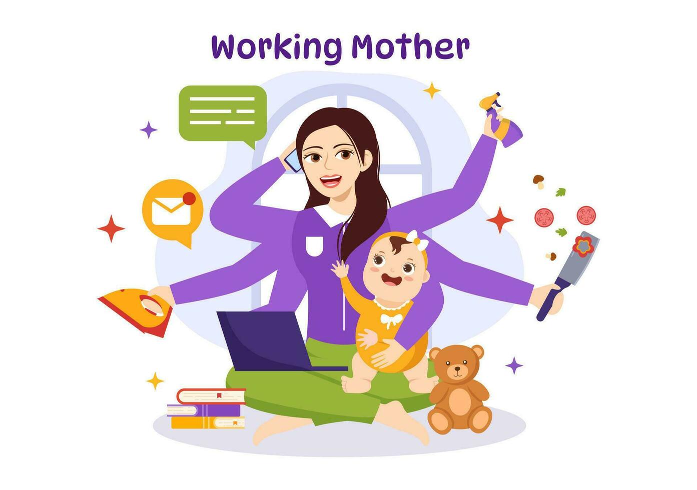 Working Mother Vector Illustration with Mothers who does Work and Takes Care of her Kids at the Home in Multitasking Cartoon Hand Drawn Templates