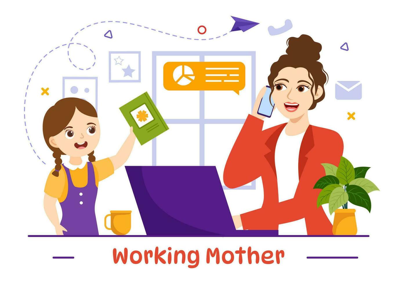 trabajando madre vector ilustración con madres quien lo hace trabajo y toma cuidado de su niños a el hogar en multitarea dibujos animados mano dibujado plantillas