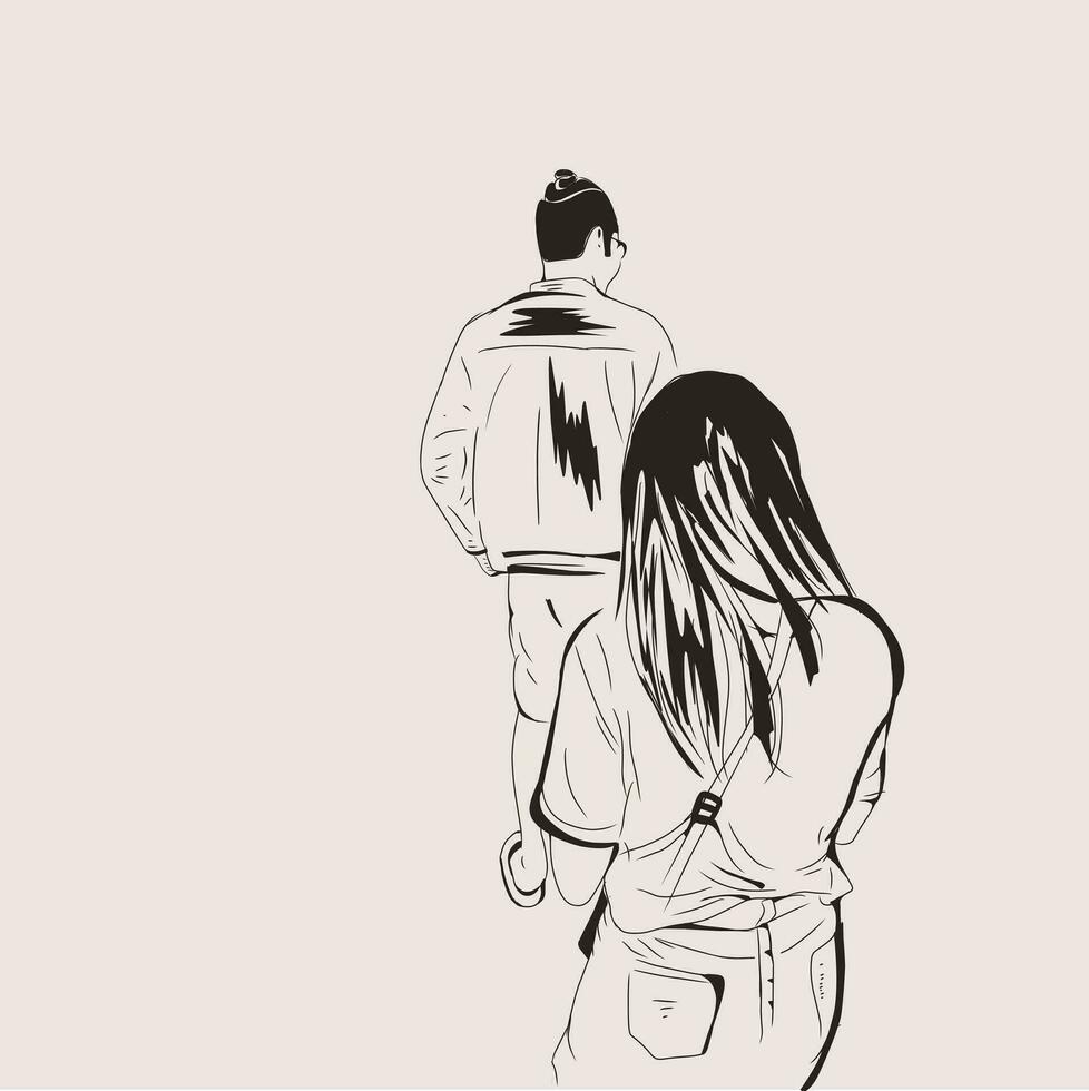 Vector line art illustration - stylish young couple facing forward
