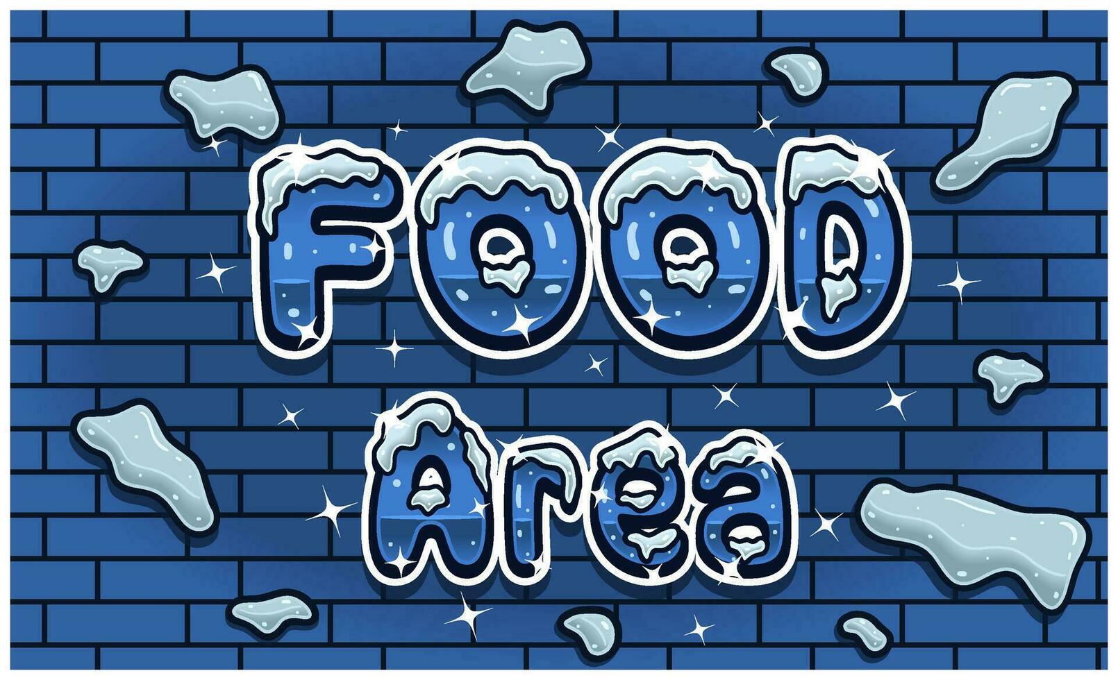 Food Area Lettering With Snow Ice Font In Brick Wall Background For Sign Template. Text Effect and Simple Gradients. vector