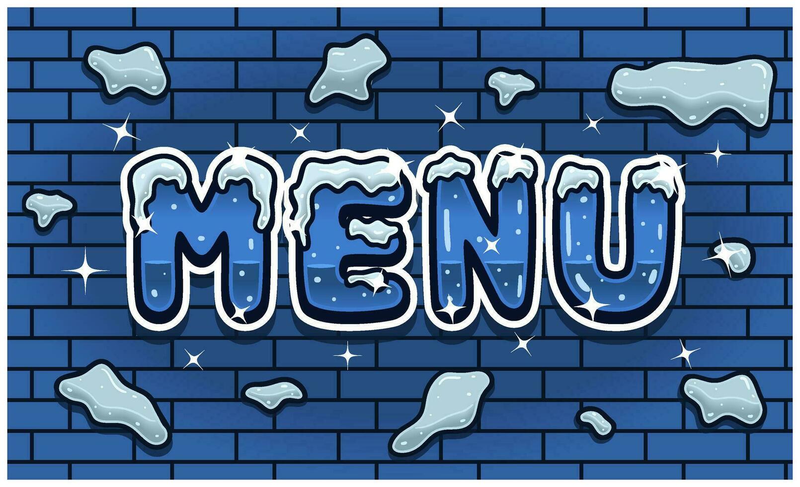 Menu Lettering With Snow Ice Font In Brick Wall Background For Sign Template. Text Effect and Simple Gradients. vector