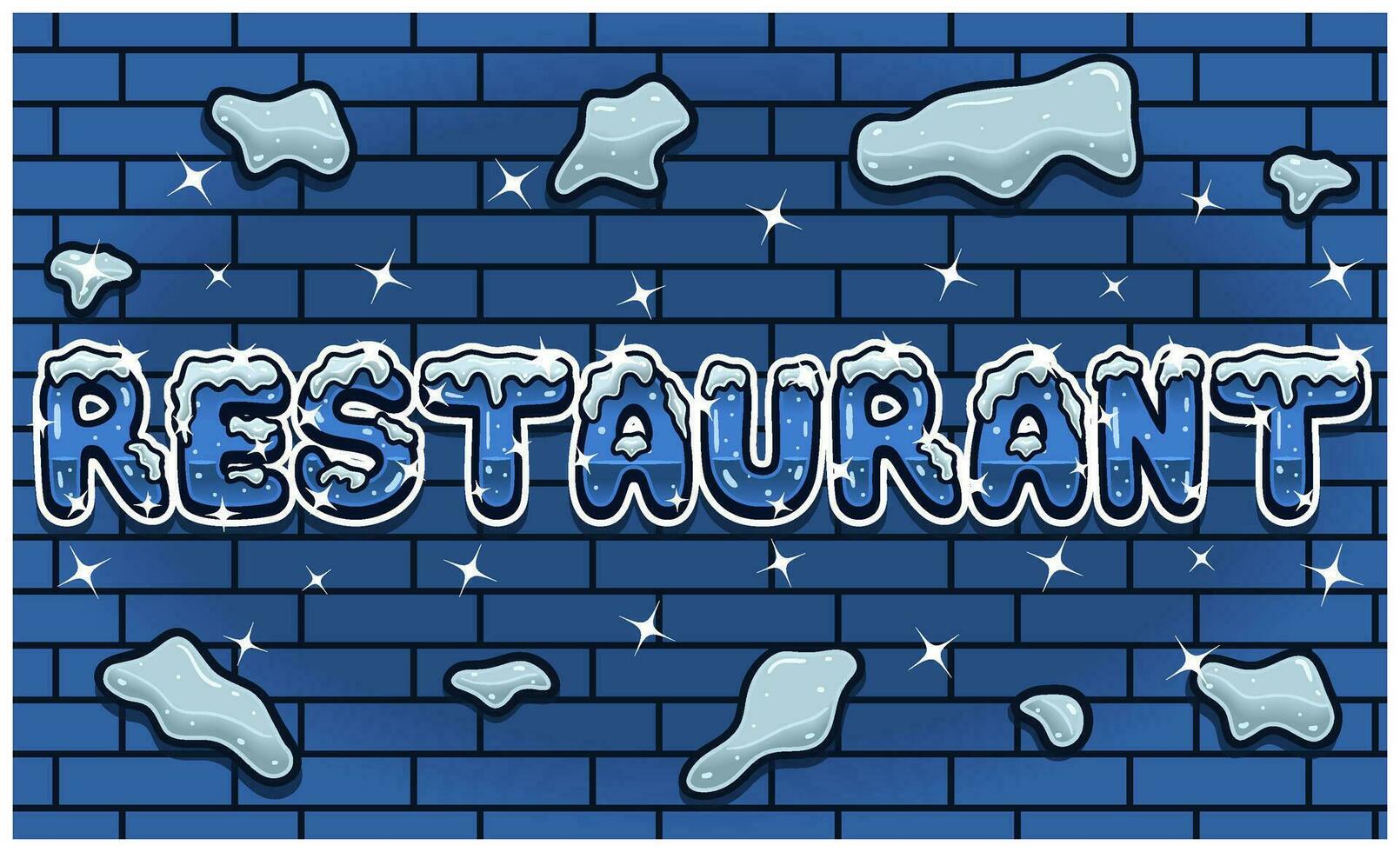 Restaurant Lettering With Snow Ice Font In Brick Wall Background For Sign Template. Text Effect and Simple Gradients. vector