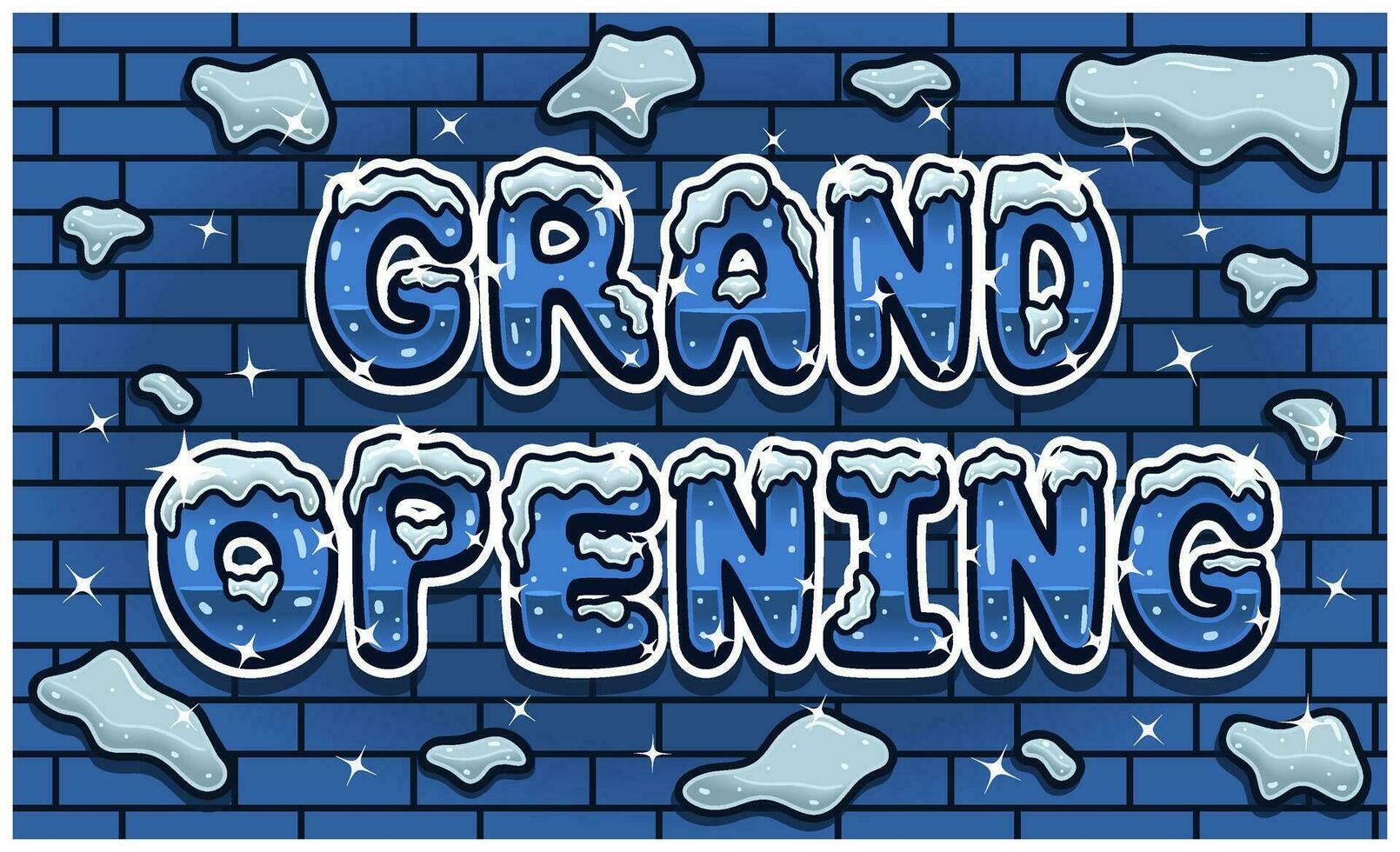 Grand Opening Lettering With Snow Ice Font In Brick Wall Background For Sign Template. Text Effect and Simple Gradients. vector