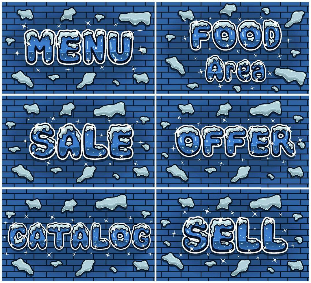 Lettering Set With Snow Ice Font In Brick Wall Background For Sign Template. Text Effect and Simple Gradients. vector