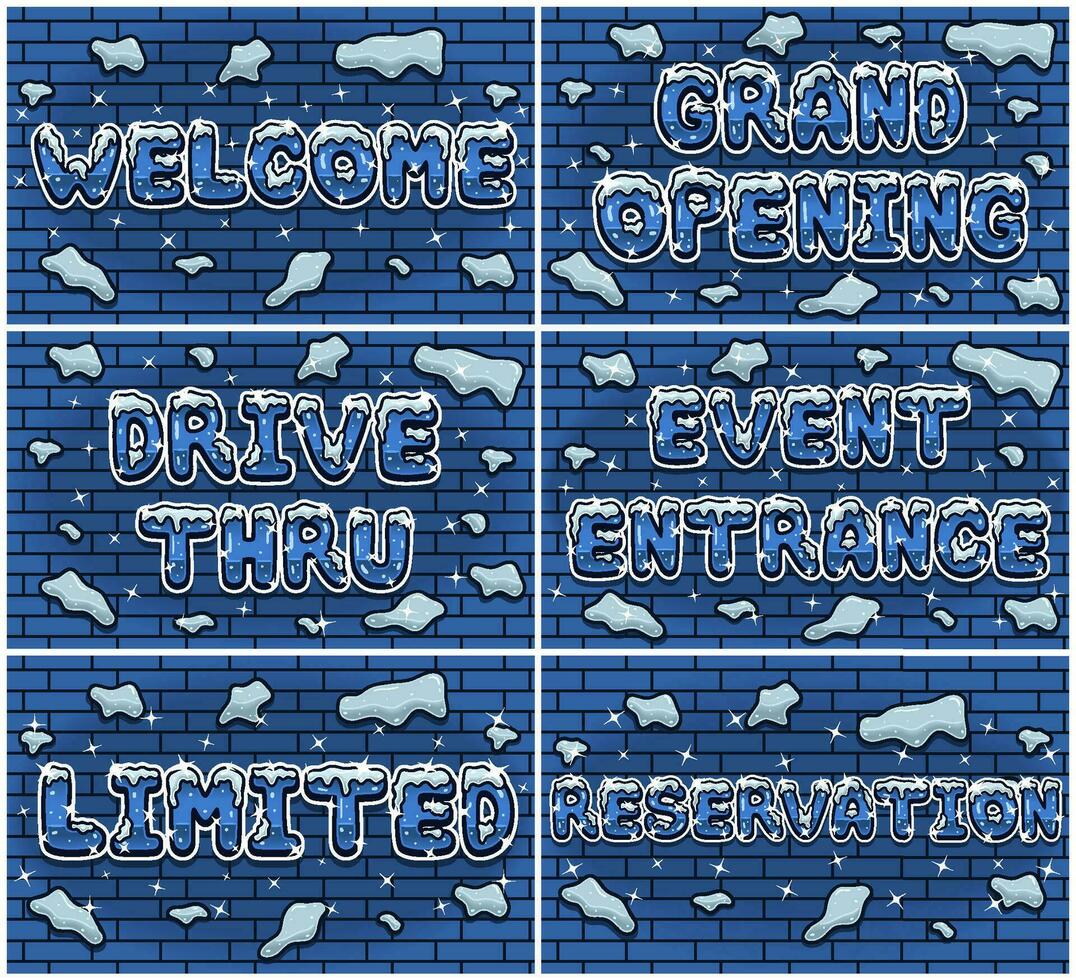 Brick Wall Background Set of  Lettering With Snow Ice Font In For Sign Template. Text Effect and Simple Gradients. vector