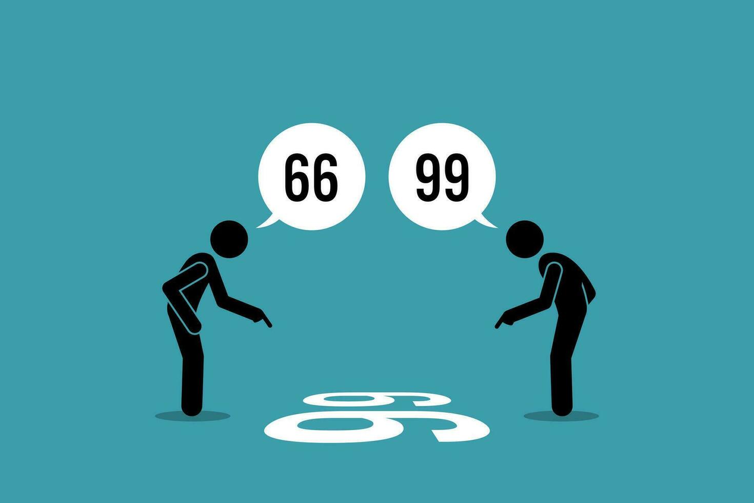 dos persona discutiendo el número en el piso clima eso es 66 o 99 vector ilustración representar concepto de punto de vista, punto de vista, diferente percepción perspectiva, tonto argumento, y desacuerdo.