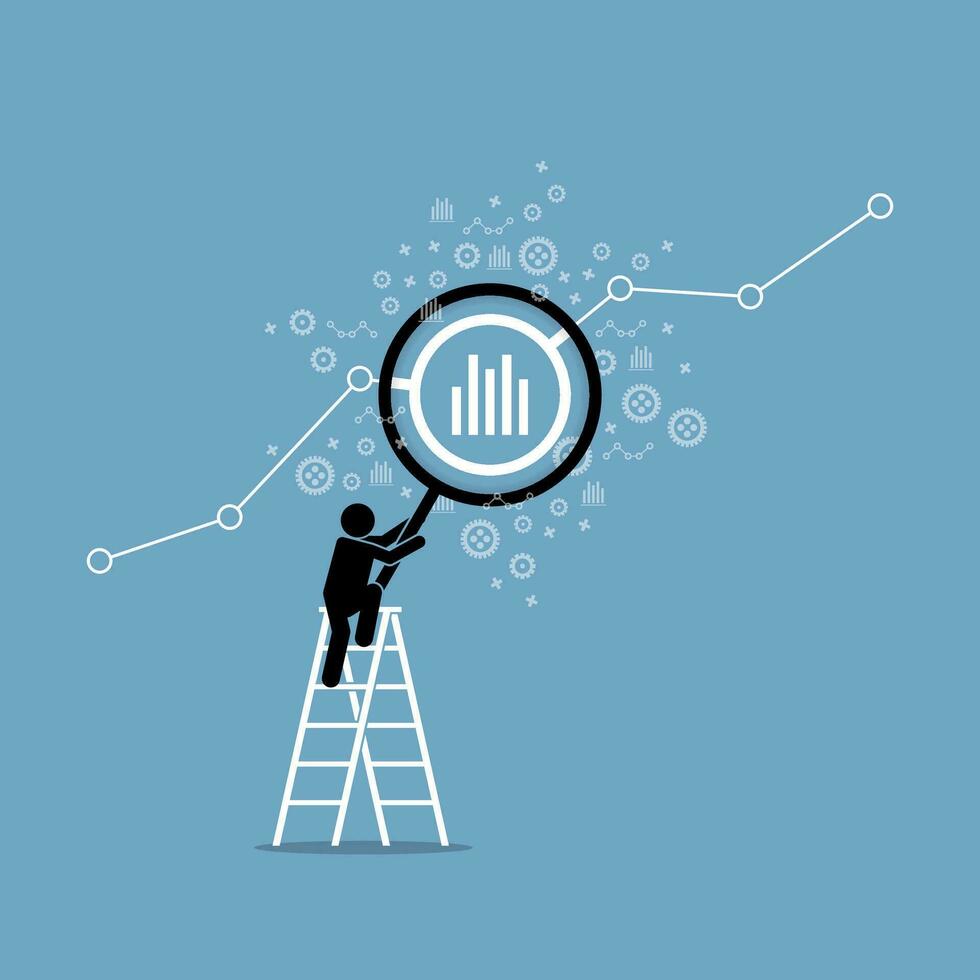 empresario alpinismo un escalera con un grande lupa comprobación financiero datos gráfico y analizar técnico análisis. vector ilustración representa concepto de financiero inversión, investigación, y negocio.