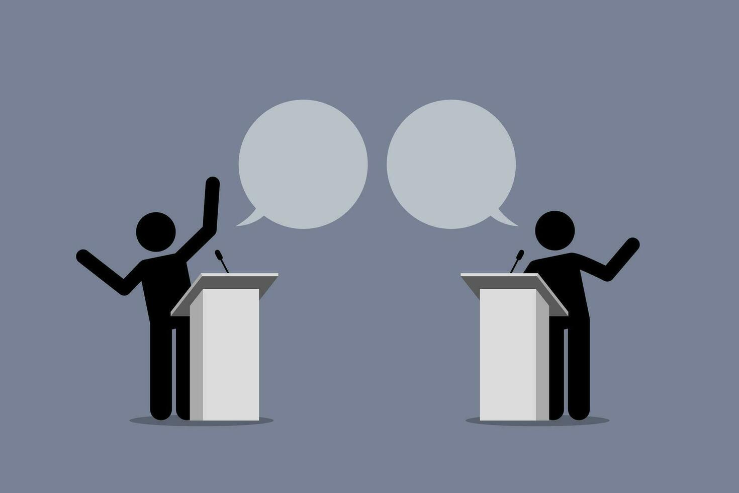 dos altavoz debate y discutir en un podio. vector ilustración representa concepto de argumento, político punto de vista, desacuerdo, discusión, diferente opiniones, y presentación.