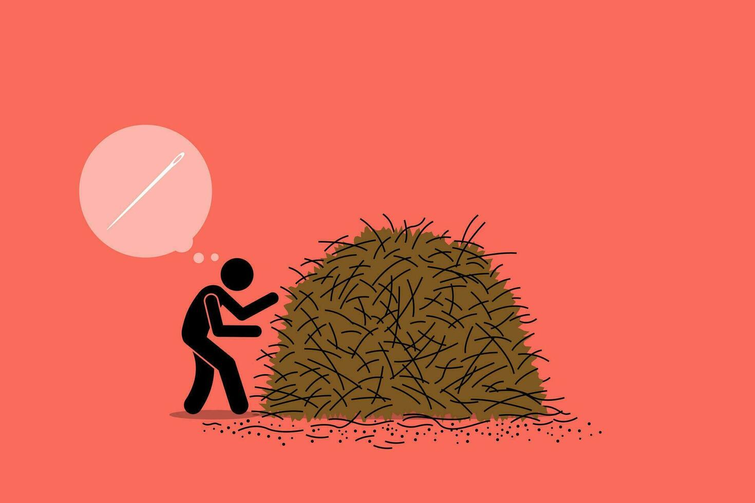 Finding a needle in a haystack. Vector illustrations clip art depicts concept of difficult task, impossible mission, hidden gem, challenging job, and extreme effort.