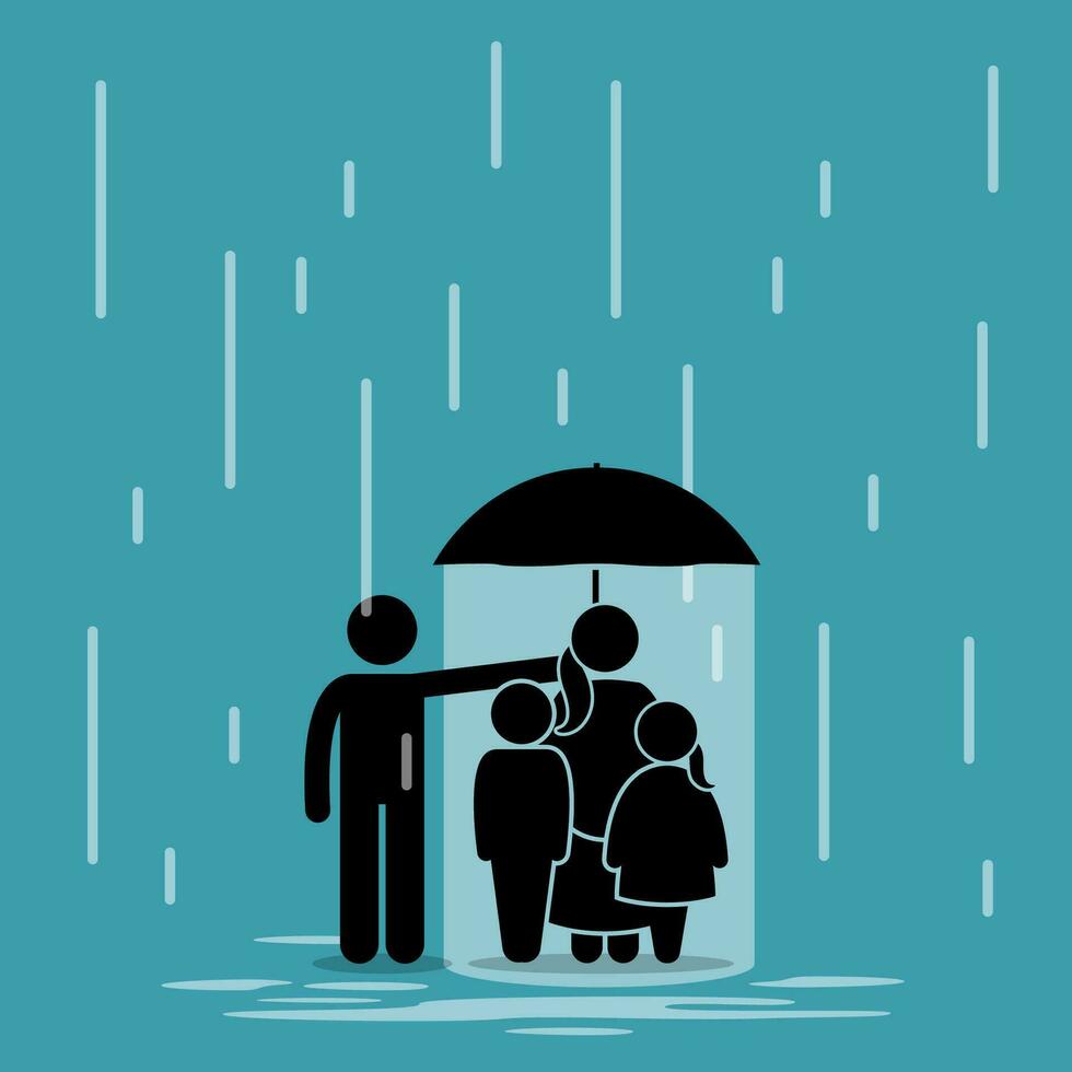 padre participación un paraguas refugio su familia desde lluvia mientras sacrificando él mismo mojado fuera de el sombrilla. vector ilustración representa concepto de amar, sacrificio, devoción, guardián, y cuidado.