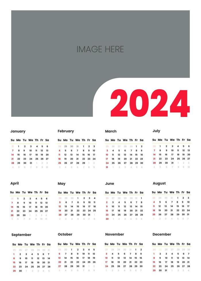 Calendar 2024 template simple minimal calendar, Vector planner 2024 year, Wall calendar 2024 year, Week Starts sunday, Set of 12 calendar, advertisement, printing, stationery, organization office.