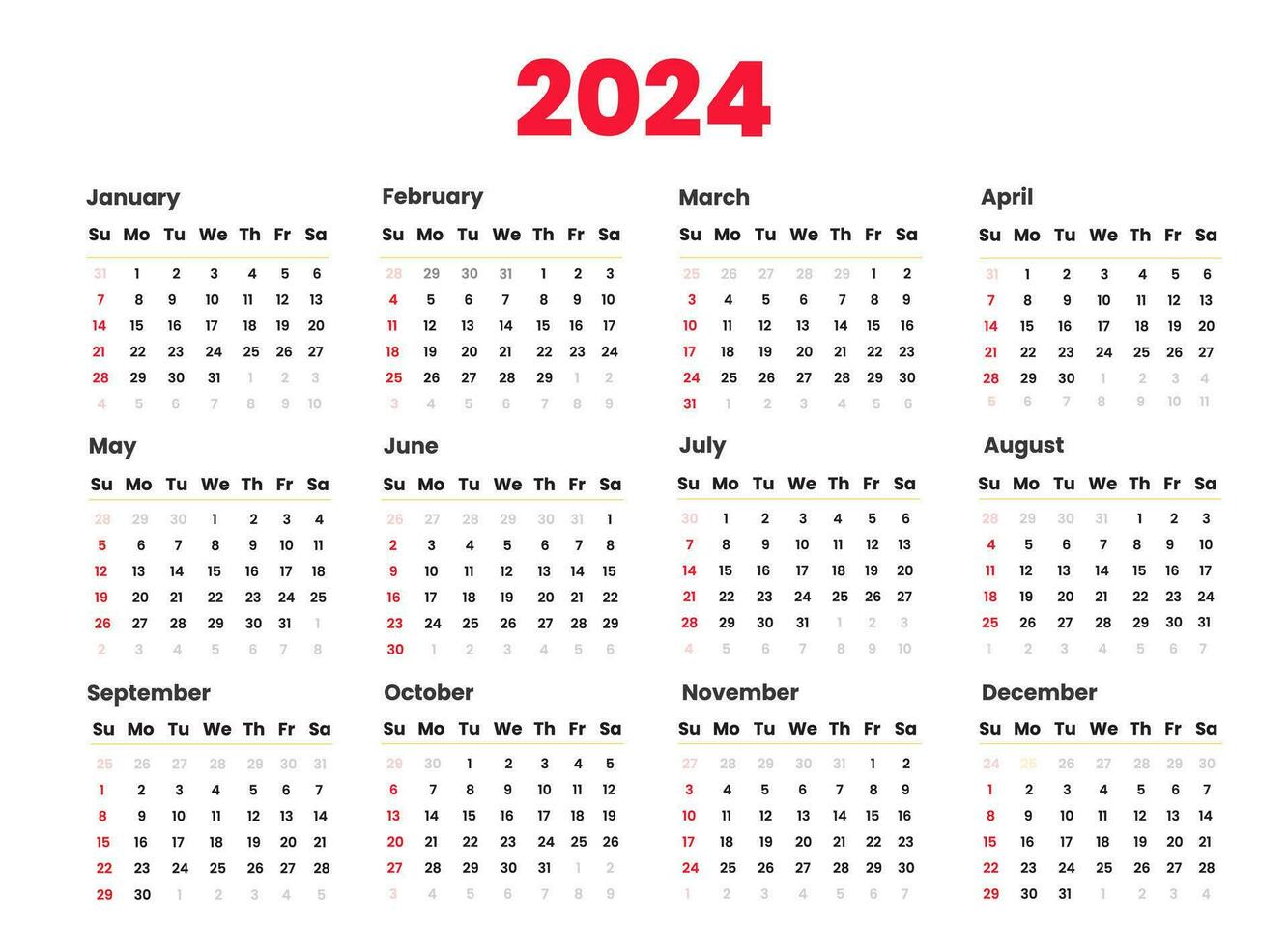 Calendar 2024 template vector. Wall calendar in a minimalist style. Week Starts on Sunday. Planner for 2024 year. vector