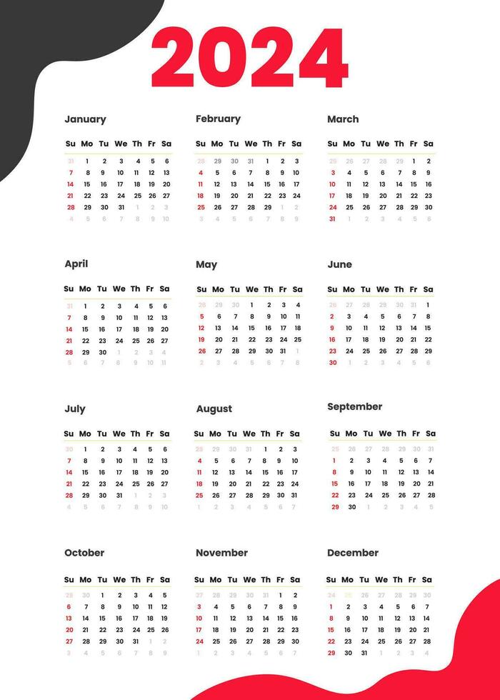 Calendar 2024 template simple minimal calendar, Vector planner 2024 year, Wall calendar 2024 year, Week Starts sunday, Set of 12 calendar, advertisement, printing, stationery, organization office.