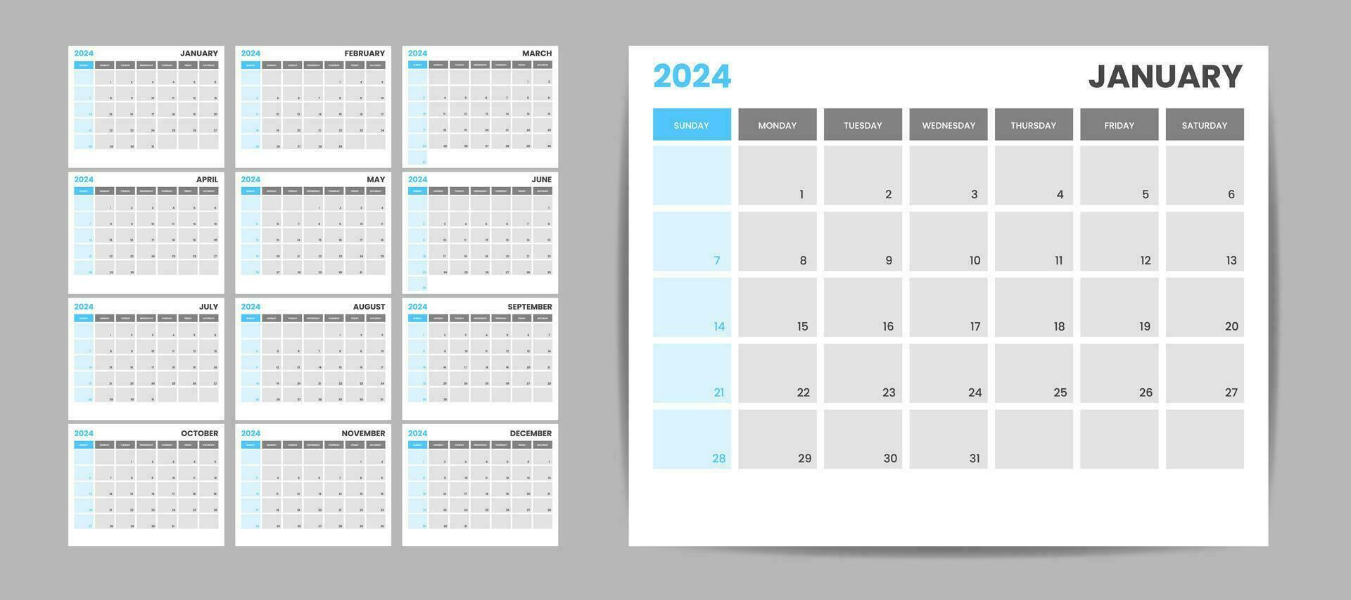 Monthly desk calendar template for 2024 year. Week Starts on Sunday. Wall calendar 2024 in a minimalist style, Set of 12 months, Planner, printing template, office organizer vector. vector