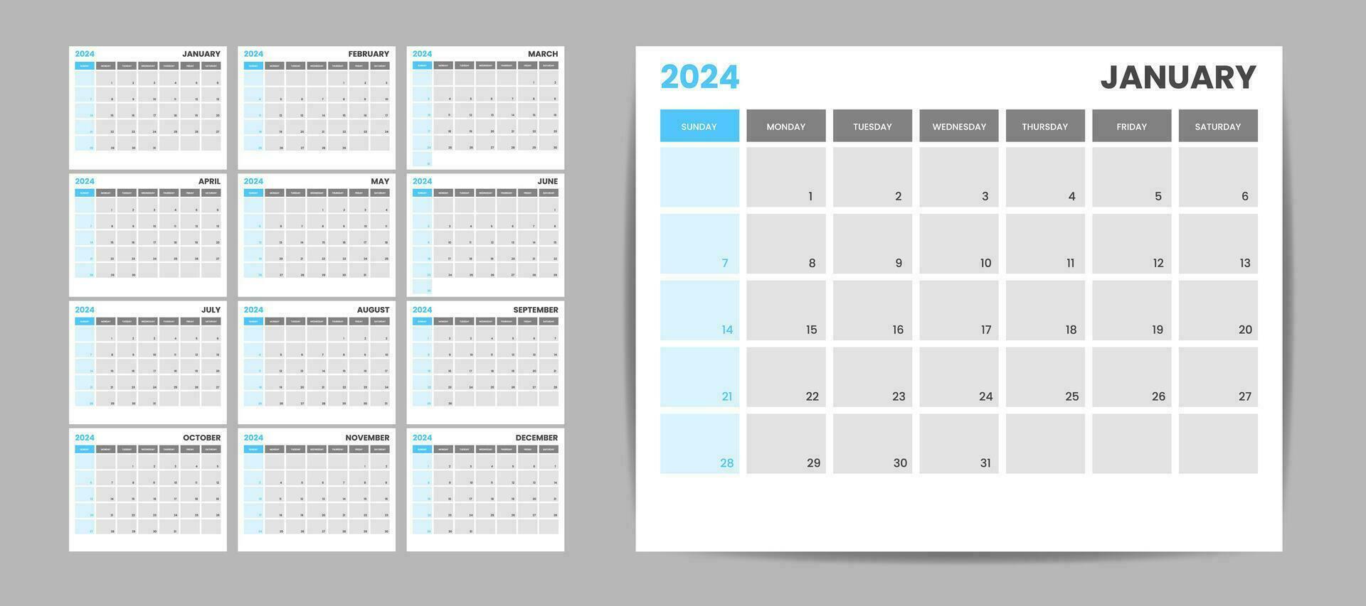 mensual escritorio calendario modelo para 2024 año. semana empieza en domingo. pared calendario 2024 en un minimalista estilo, conjunto de 12 meses, planificador, impresión plantilla, oficina organizador vector. vector