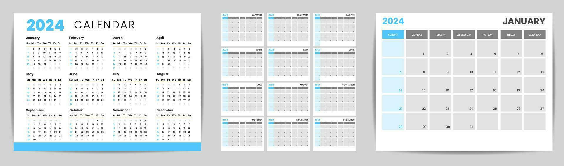 Set of monthly calendar template for 2024 year. Wall calendar in a minimalist style. Week Starts on Sunday. Planner for 2024 year. vector