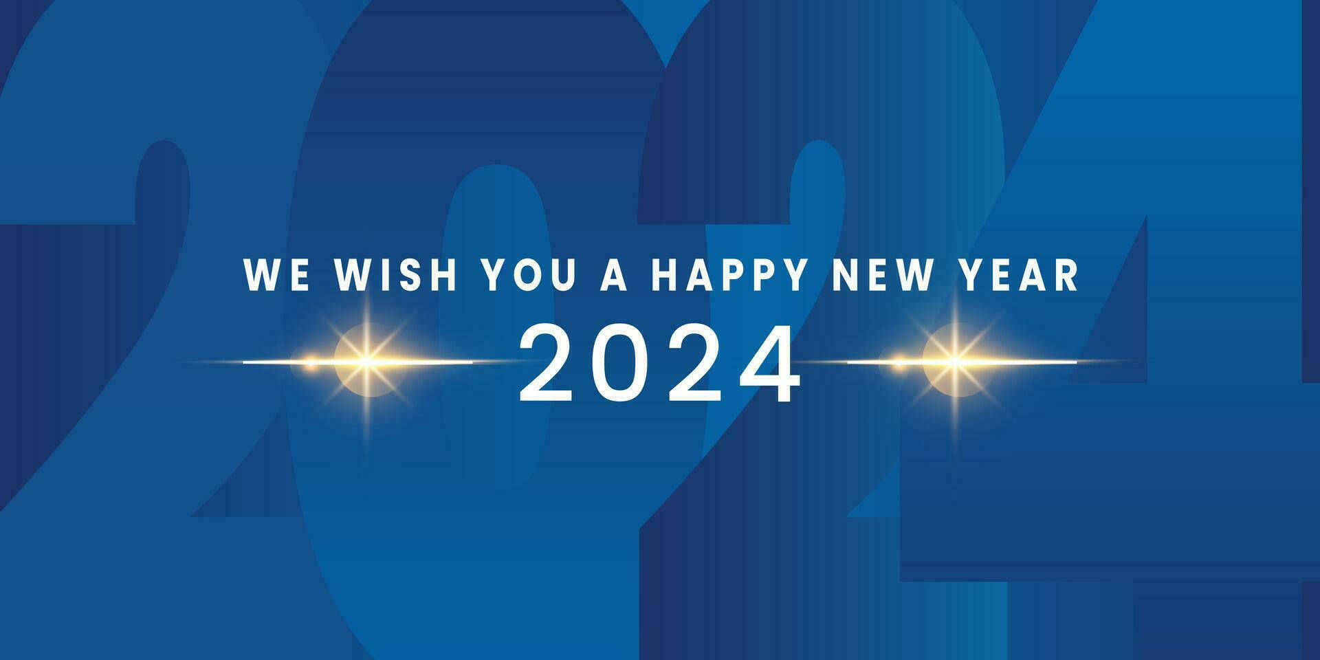 nosotros deseo usted contento nuevo año 2024 escrito letras tipografia línea diseño brillar Fuegos artificiales oro blanco azul año 2024 antecedentes. vector