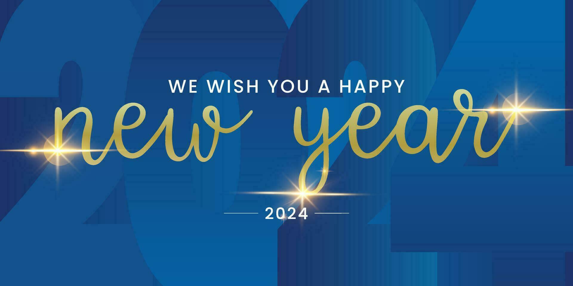 nosotros deseo usted contento nuevo año 2024 escrito letras tipografia línea diseño brillar Fuegos artificiales oro blanco azul año 2024 antecedentes. vector