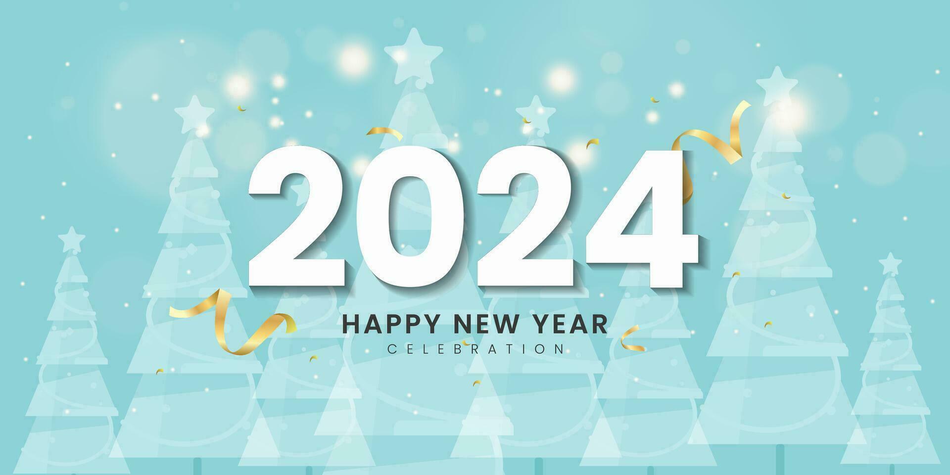 2024 new year. Happy new year 2024 background. New year holidays card with bright lights winter snowy forest and confetti. vector