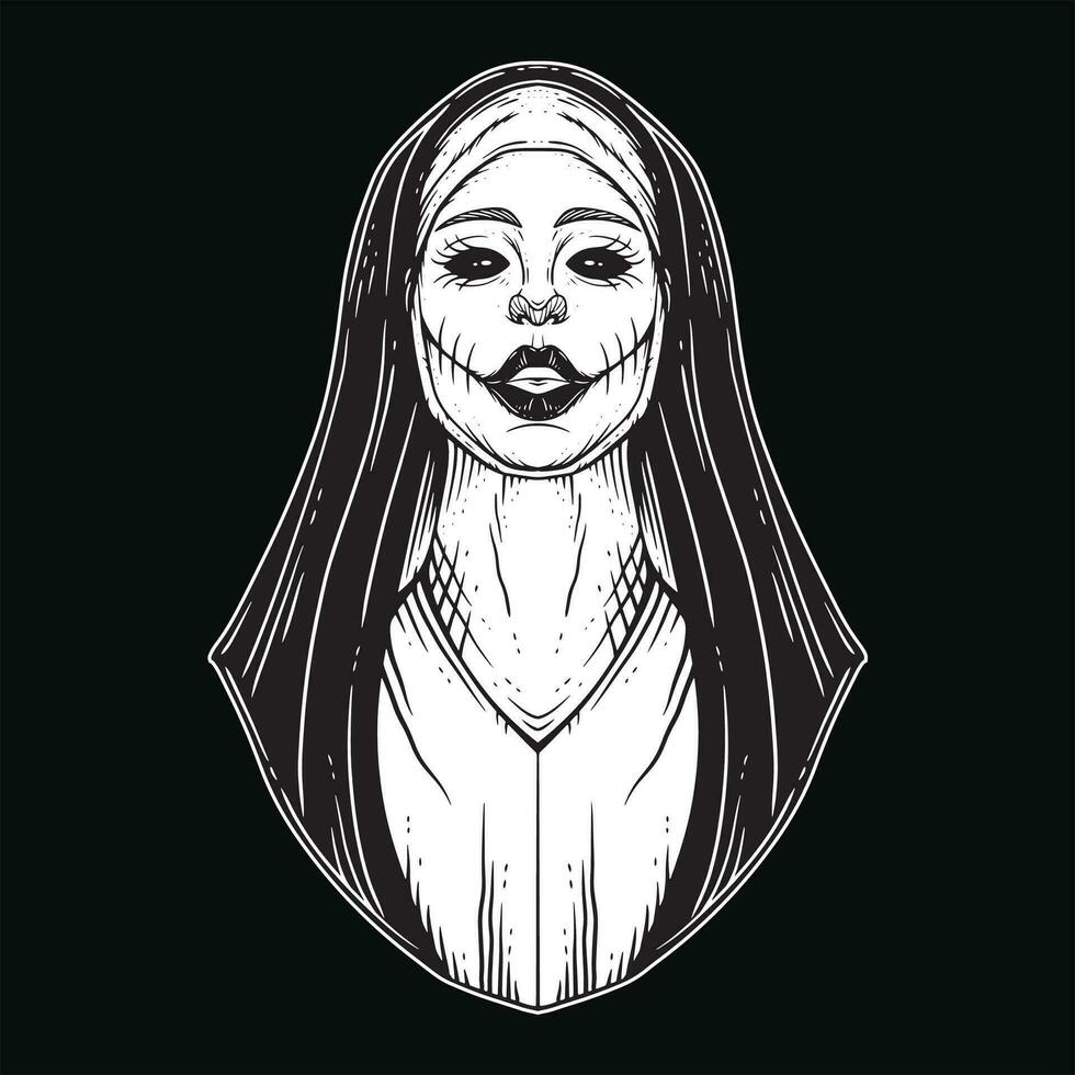 Dark Art Nun Girl Women Skull Head Ghost Horror Hatching Outline Style illustration vector