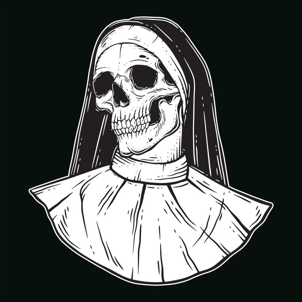 Dark Art Nun Girl Women Skull Head Ghost Horror Hatching Outline Style illustration vector