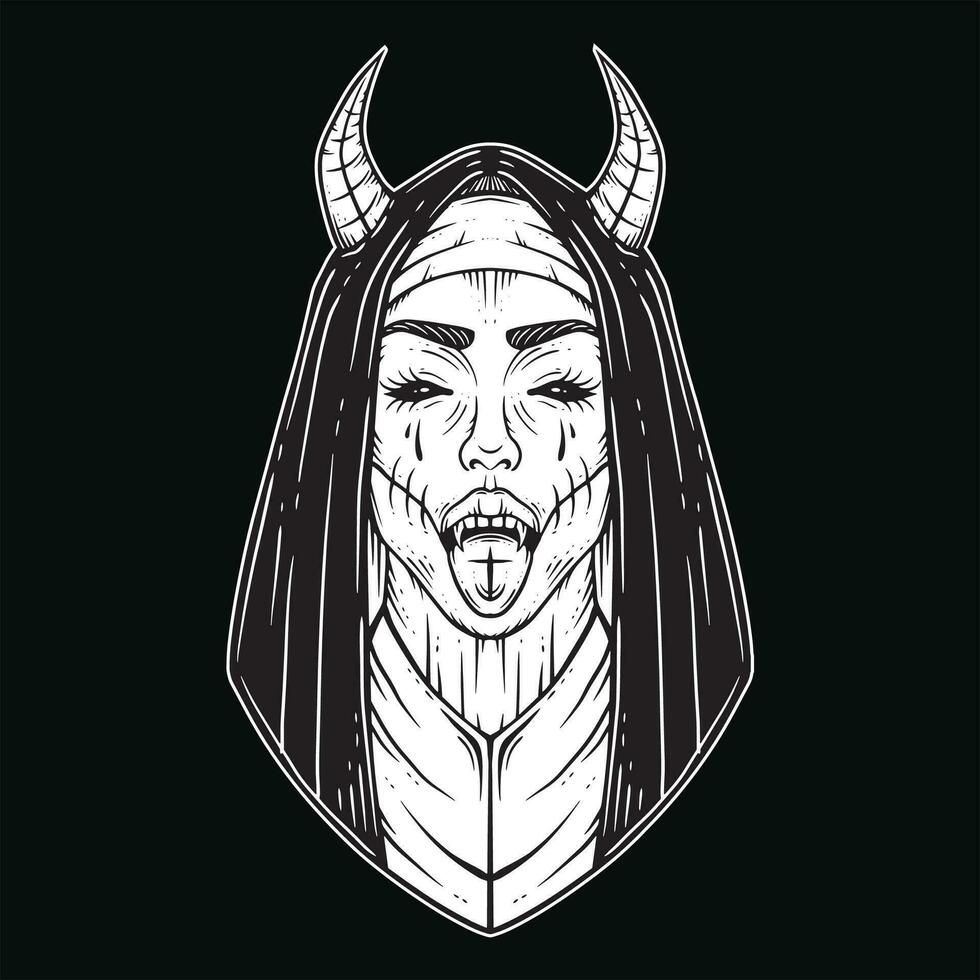 oscuro Arte monja tatuaje diablo mujer cráneo cabeza horror mano dibujado estilo ilustración vector