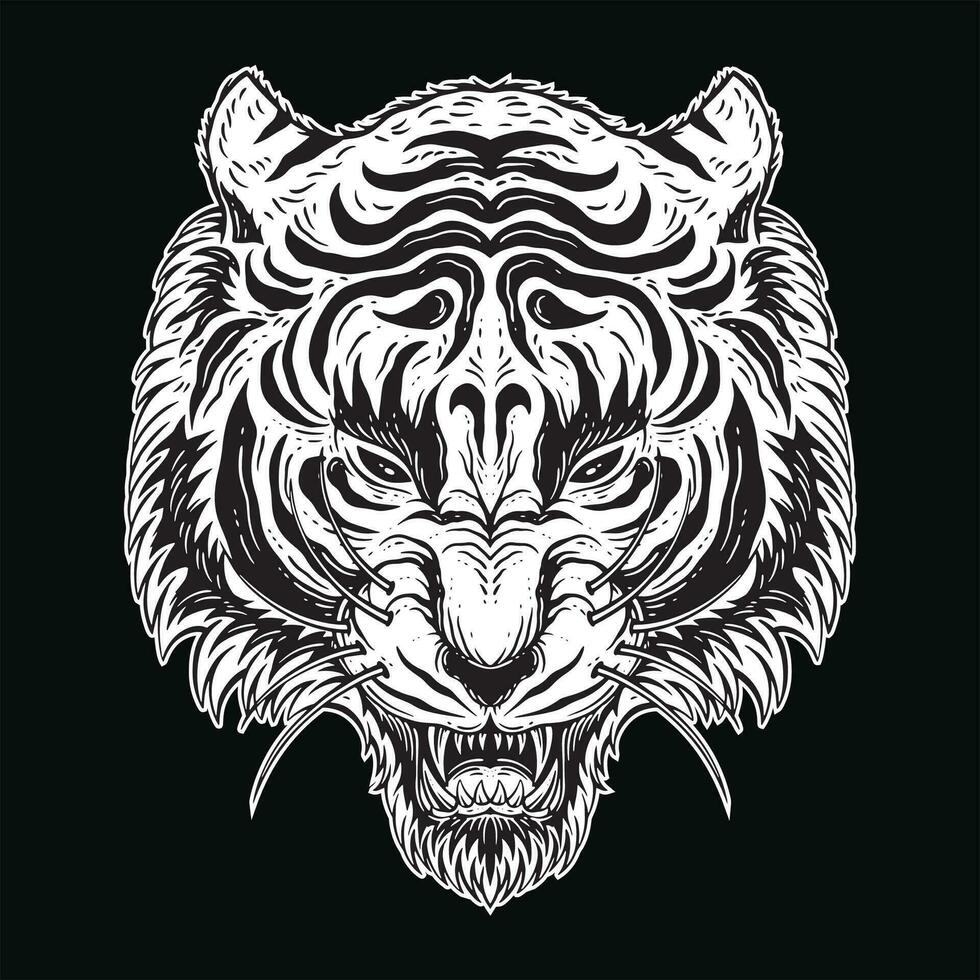 Dark Art Tiger Head Scary Angry Beast mascot black and white Hand Drawn illustration vector