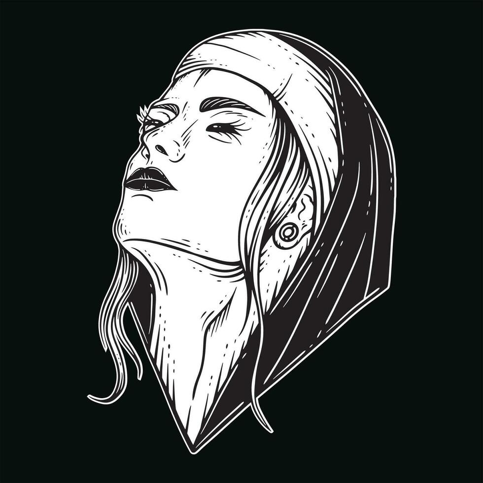 Dark Art Nun Girl Women Skull Head Ghost Horror Hatching Outline Style illustration vector