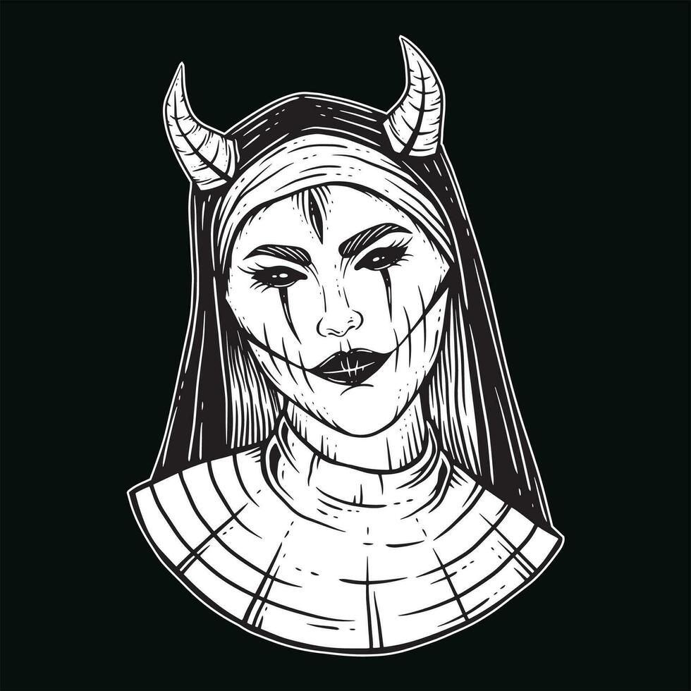 oración niña monja tatuaje horror mujer cráneo cuerno cabeza horror mano dibujado estilo ilustración vector