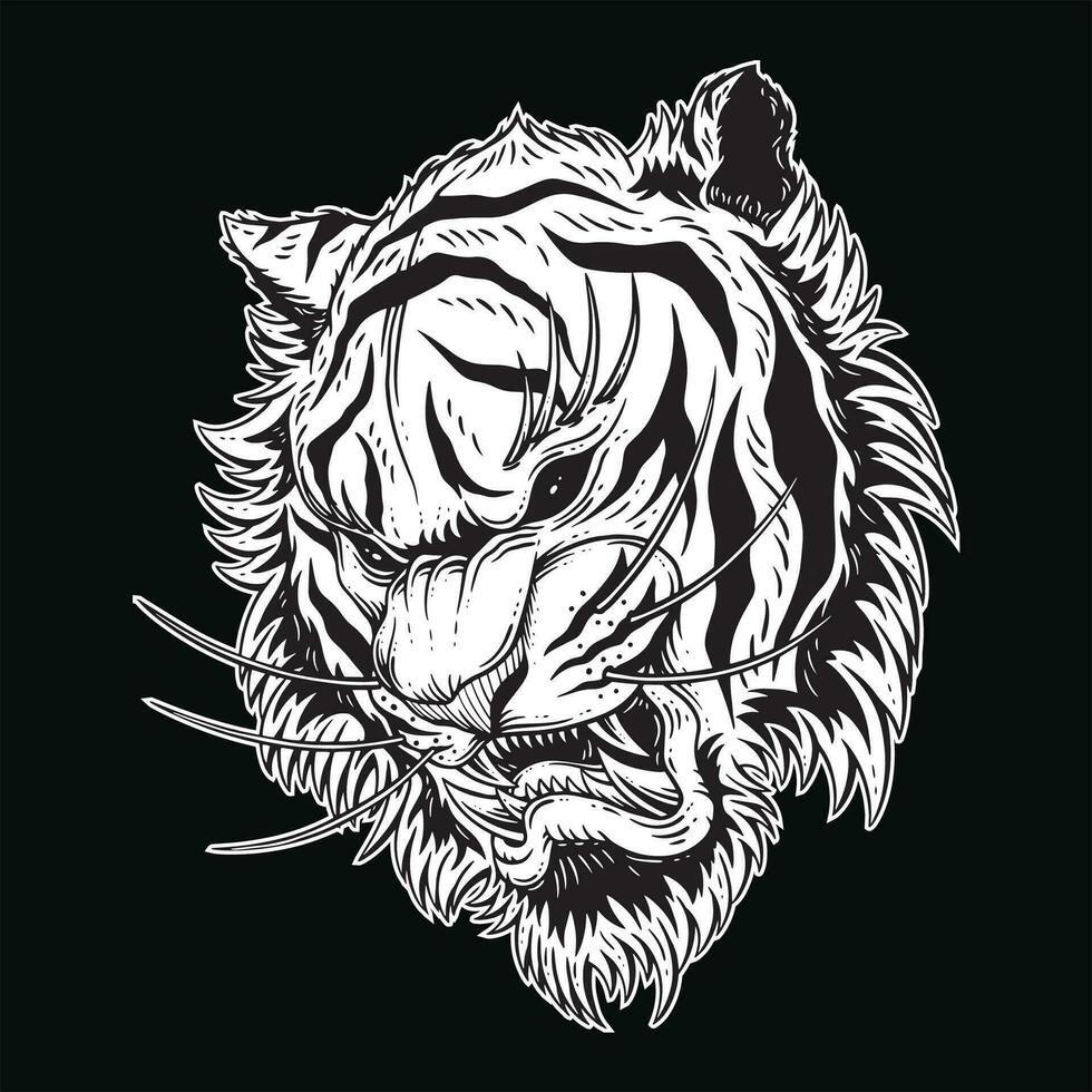 Tiger Head Angry Beast roaring fangs For Tattoo Clothing black and white Hand Drawn illustration vector