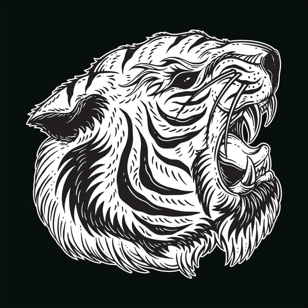 oscuro Arte Tigre cabeza de miedo enojado bestia mascota negro y blanco mano dibujado ilustración vector