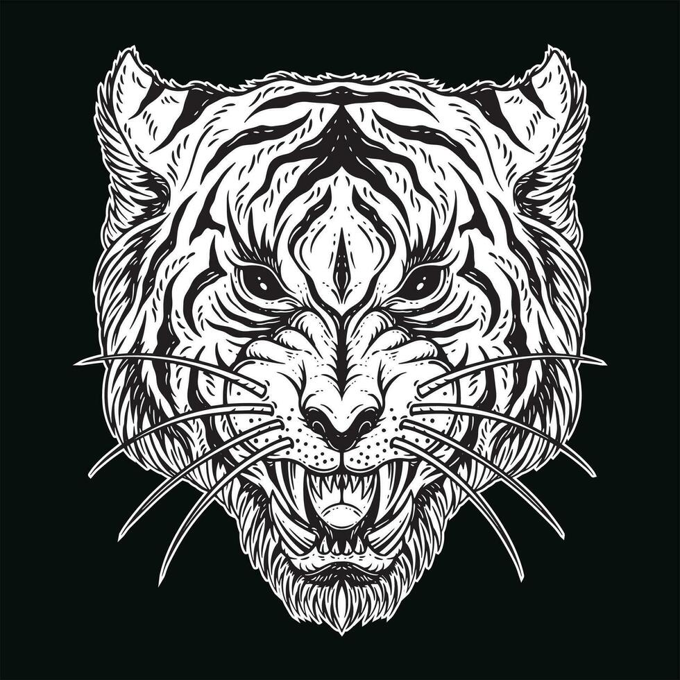 Dark Art Tiger Head Scary Angry Beast mascot black and white Hand Drawn illustration vector