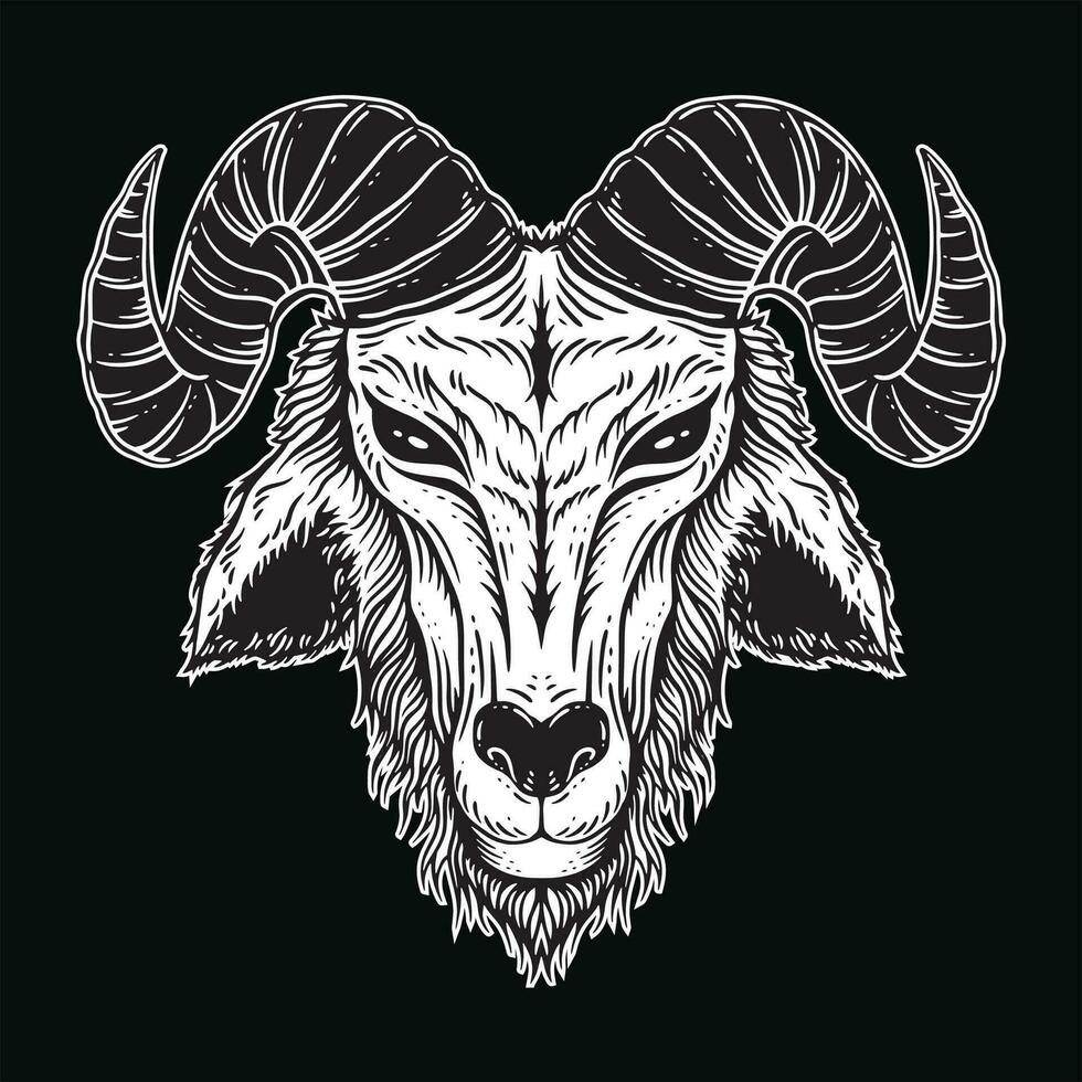 oscuro Arte cabra cabeza cuernos oveja satánico negro blanco para tatuaje y ropa ilustración vector