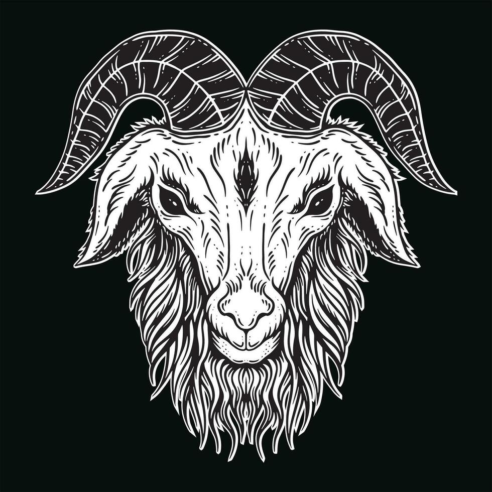 Dark Art Goat Head horns Sheep satanic black white for tattoo and clothing illustration vector