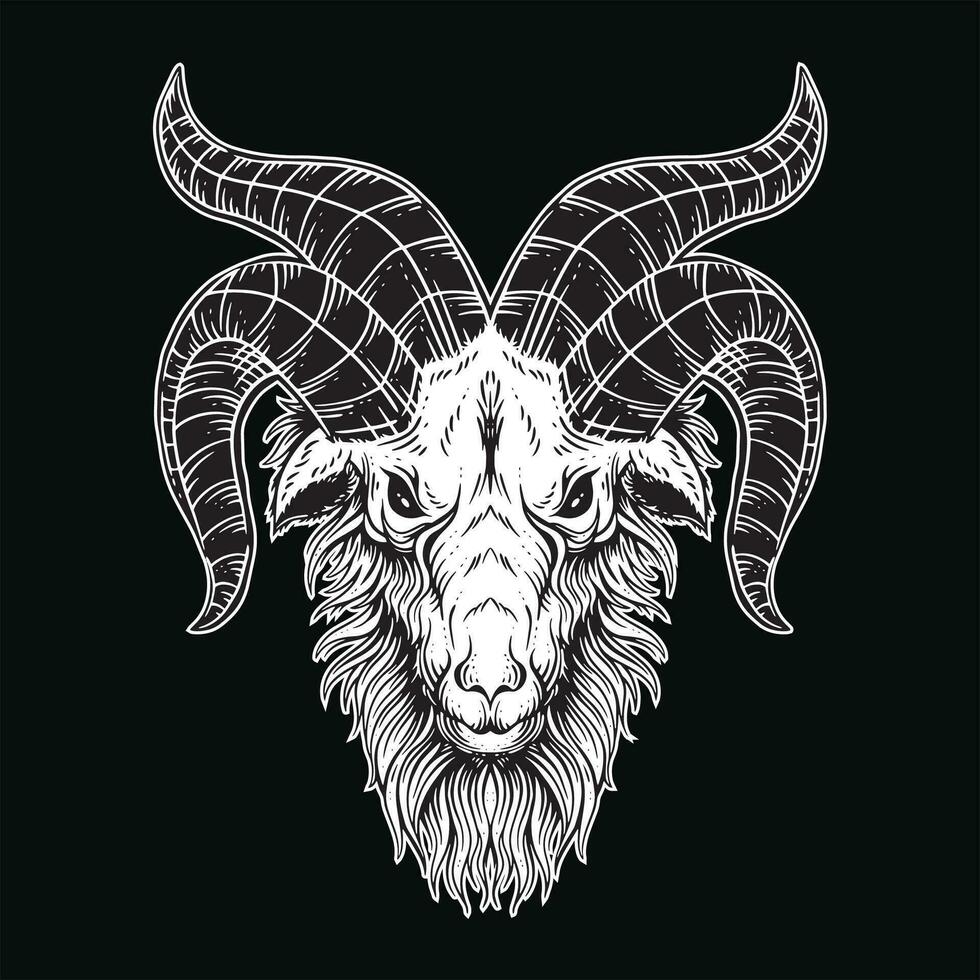 Dark Art Goat Head horns Sheep satanic black white for tattoo and clothing illustration vector