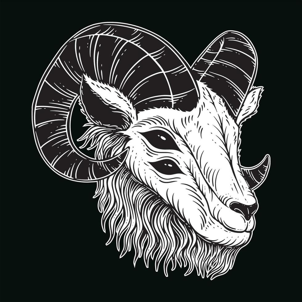 Dark Art Goat Head horns Sheep satanic black white for tattoo and clothing illustration vector