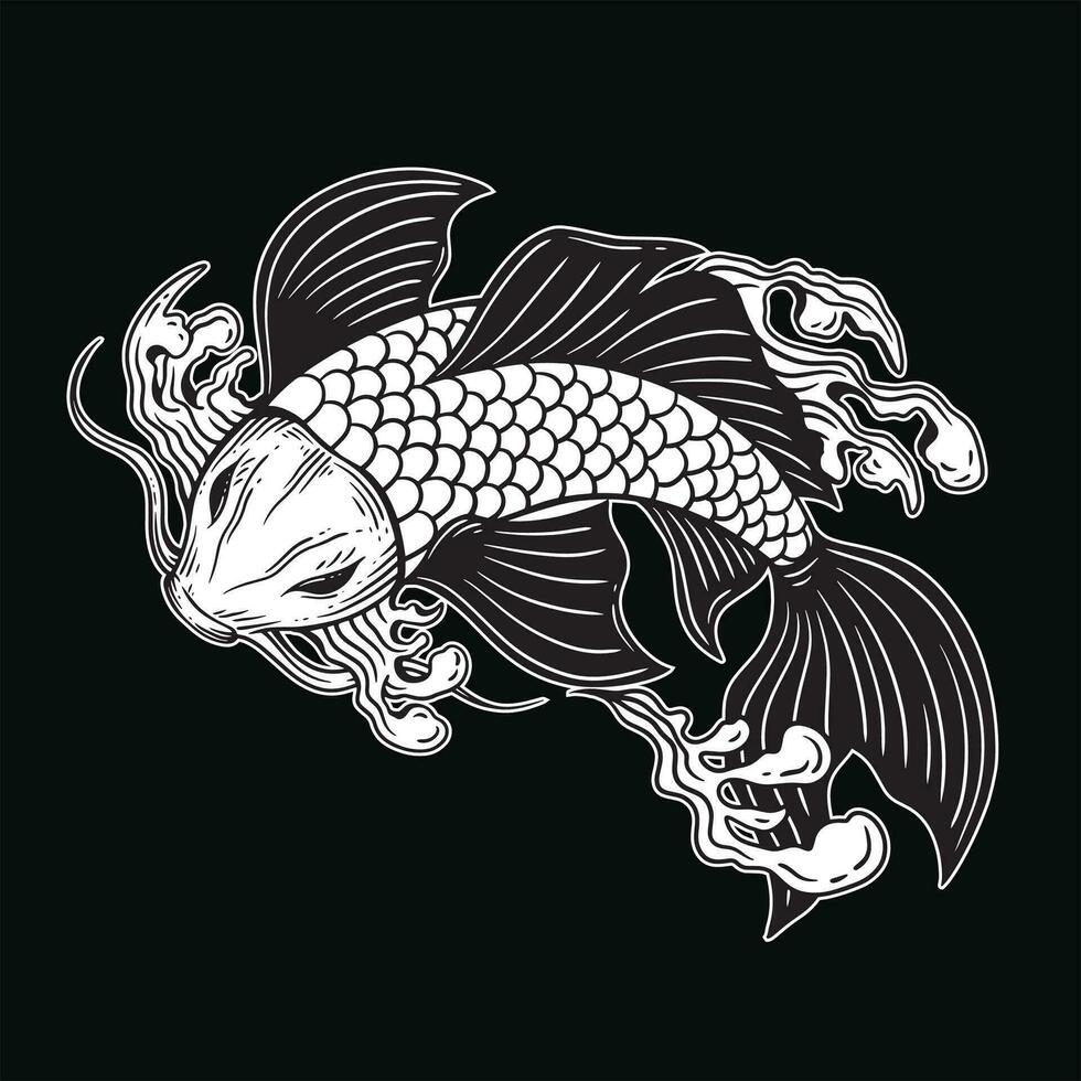 mano dibujado koi pescado acuático negro blanco Clásico oscuro Arte para tatuaje y ropa ilustración vector