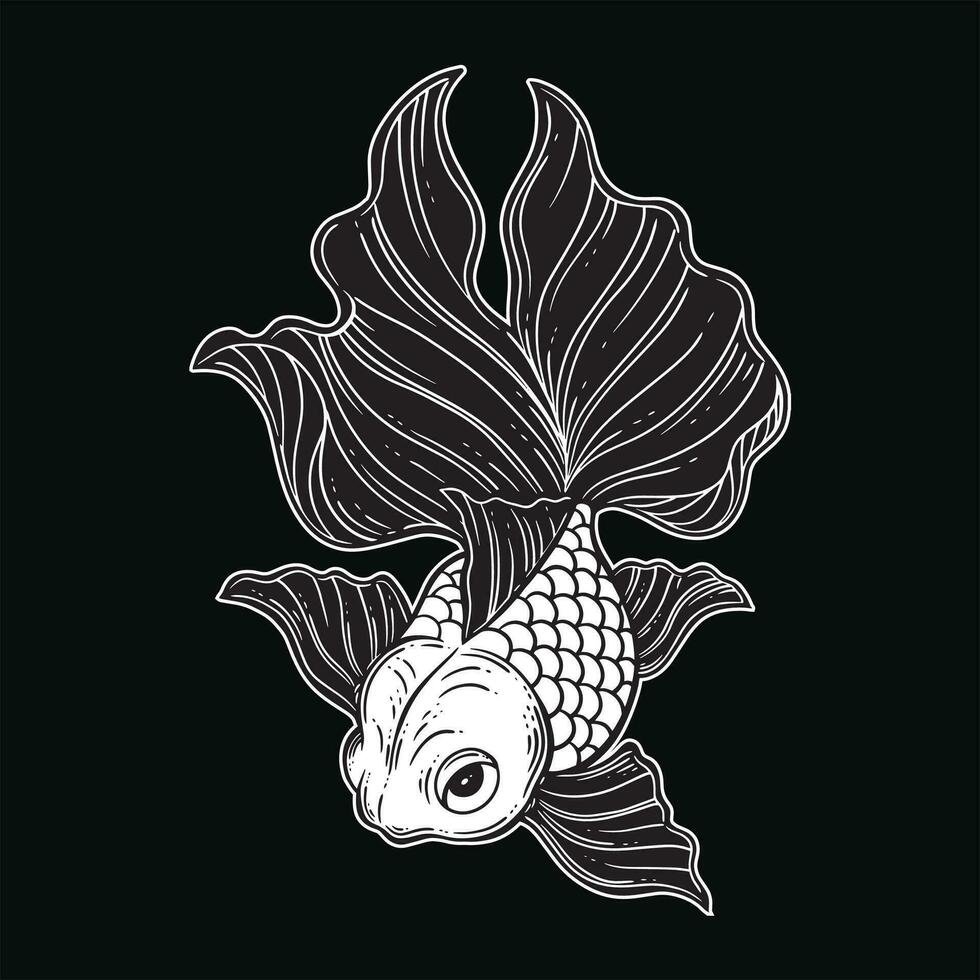 Hand Drawn Gold Fish Aquatic Black White Vintage Dark Art for Tattoo and Clothing illustration vector